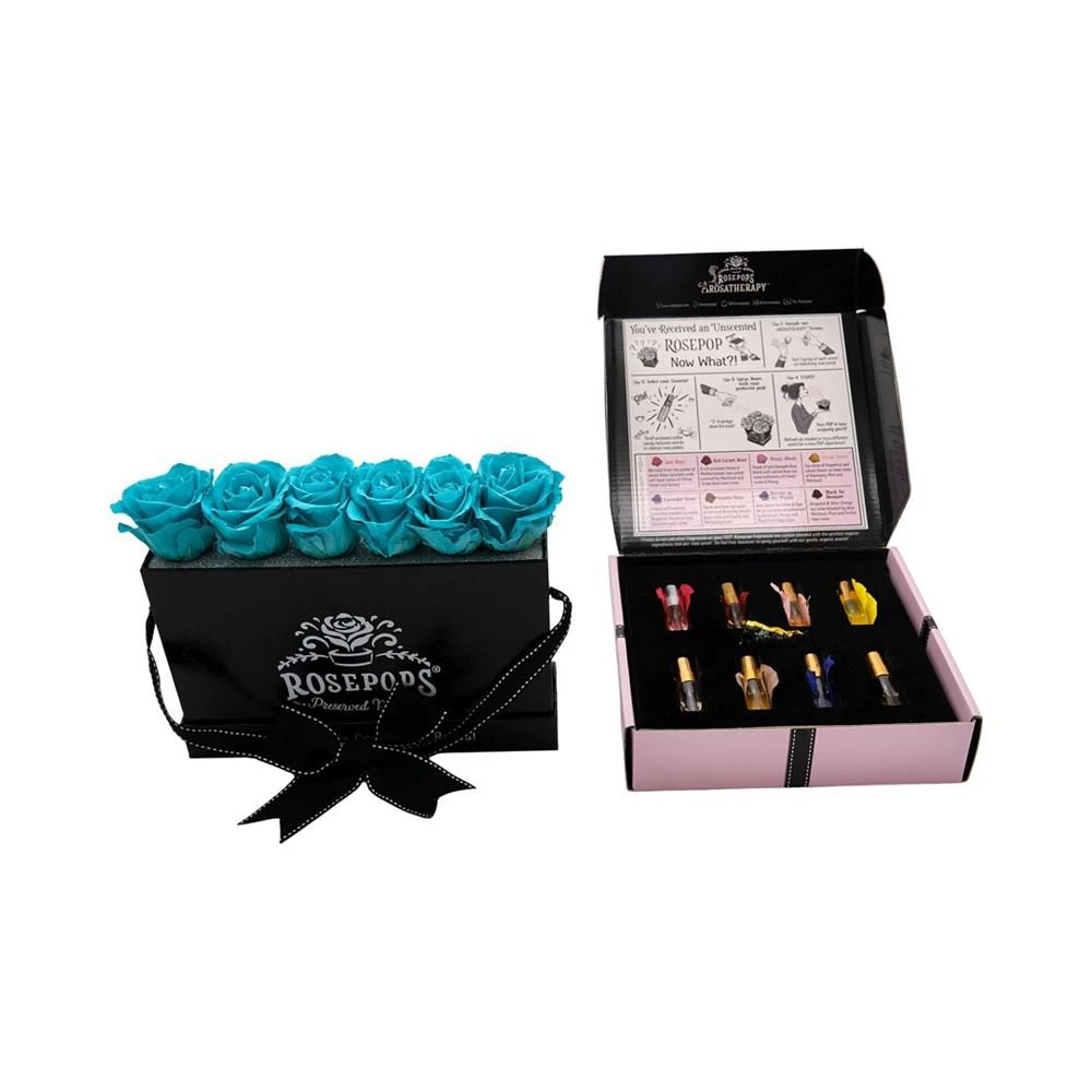 商品Rosepops|POP-Up Box of 6 Unscented Blue Topaz Real Roses with a Sampler Set of all Arosatherapy ® Fragrances with which to Scent the Roses,价格¥1274,第3张图片详细描述