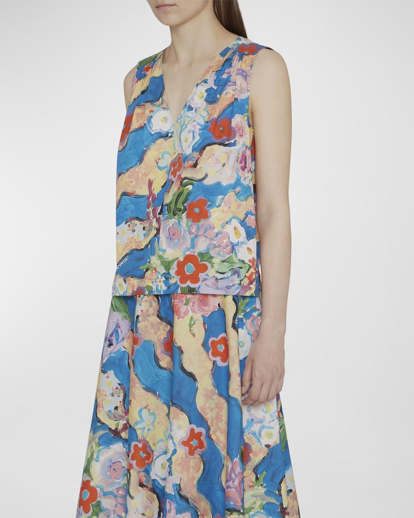 Floral Painting-Print Sleeveless Cotton Blouse商品第2张图片规格展示