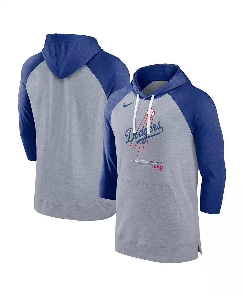 商品NIKE|Men's Heather Gray, Heather Royal Los Angeles Dodgers Baseball Raglan 3/4 Sleeve Pullover Hoodie,价格¥506,第2张图片详细描述