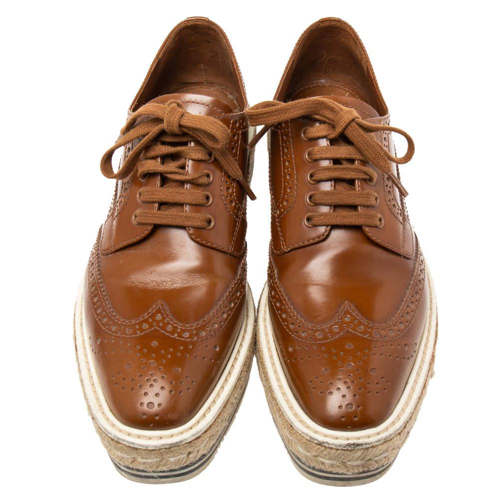 Prada Brown Brogue Leather Espadrille Derby Sneakers Size 37商品第3张图片规格展示