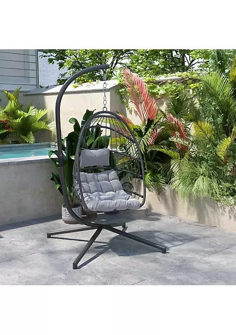 商品Merrick Lane|Lane Merrick Lane Riley Foldable Woven Hanging Egg Chair In Natural With Removable Cream Cushions And Stand For Indoor And Outdoor Use,价格¥2485,第2张图片详细描述