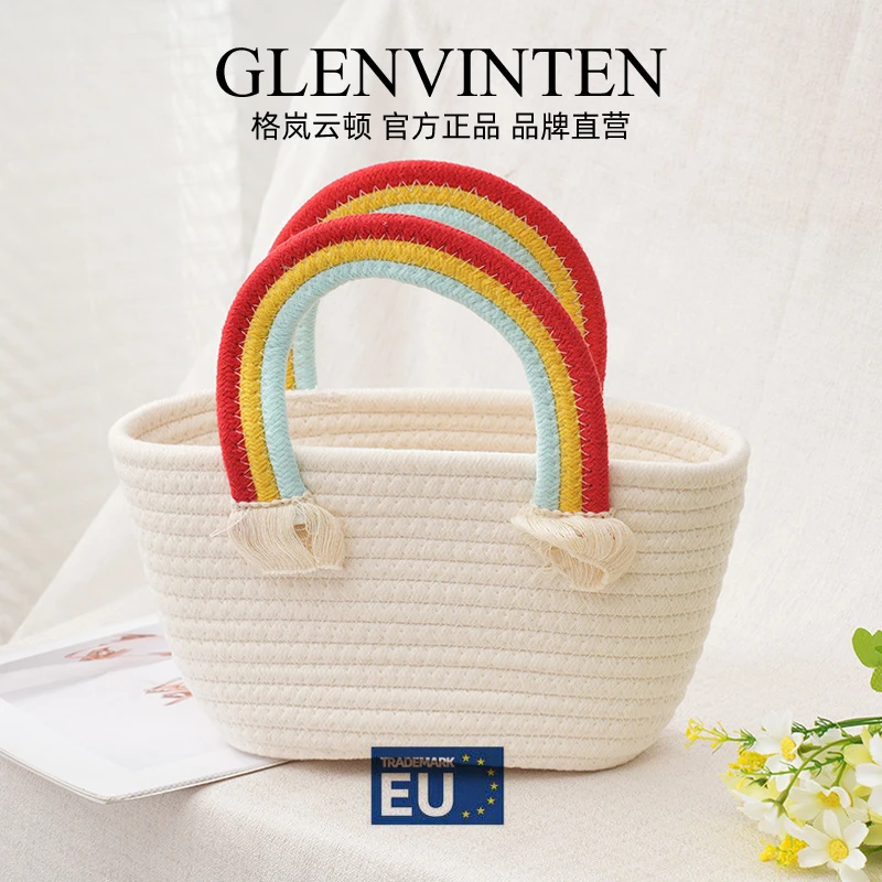 商品[国内直发] GLENVINTEN|格岚云顿夏季新款彩虹云朵手提野餐篮草编包少女心可爱休闲手拎棉绳包,价格¥73,第1张图片