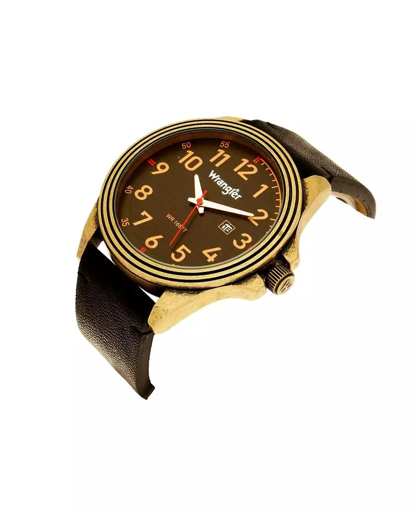 商品Wrangler|Men's Watch, 48MM Antique Brass Case, Black Dial with Bronze Arabic Numerals, Brown Strap, Analog Watch, Red Second Hand, Date Function,价格¥487,第2张图片详细描述