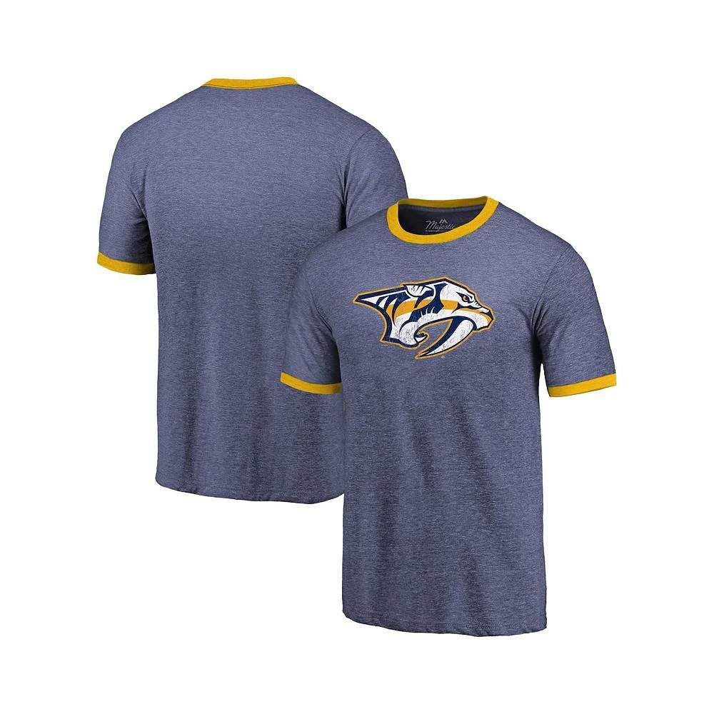 商品Majestic|Men's Threads Heathered Navy Nashville Predators Ringer Contrast Tri-Blend T-shirt,价格¥291,第1张图片
