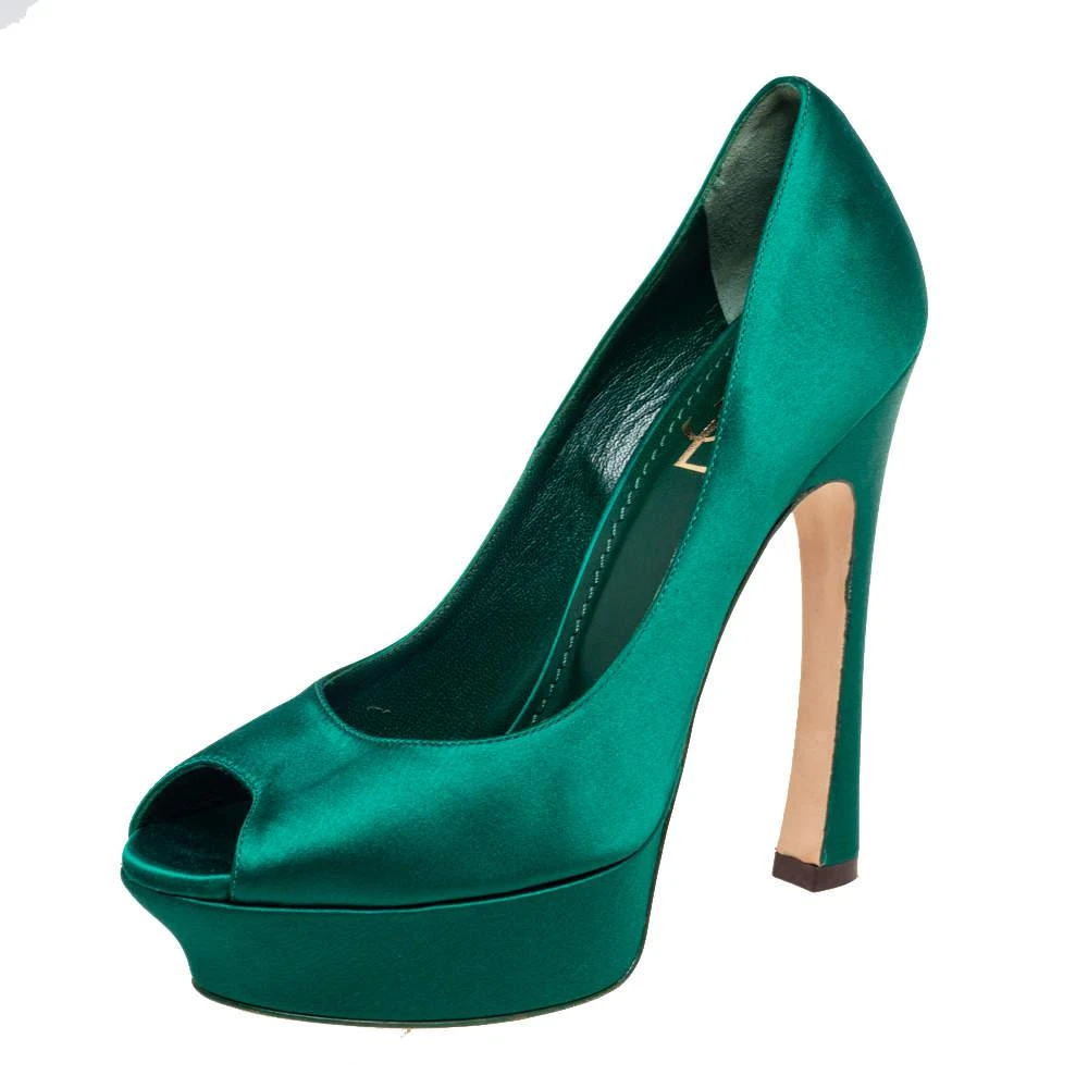 商品[二手商品] Yves Saint Laurent|Yves Saint Laurent Green Satin Palais Platform Peep Toe Pumps Size 39,价格¥1281,第1张图片