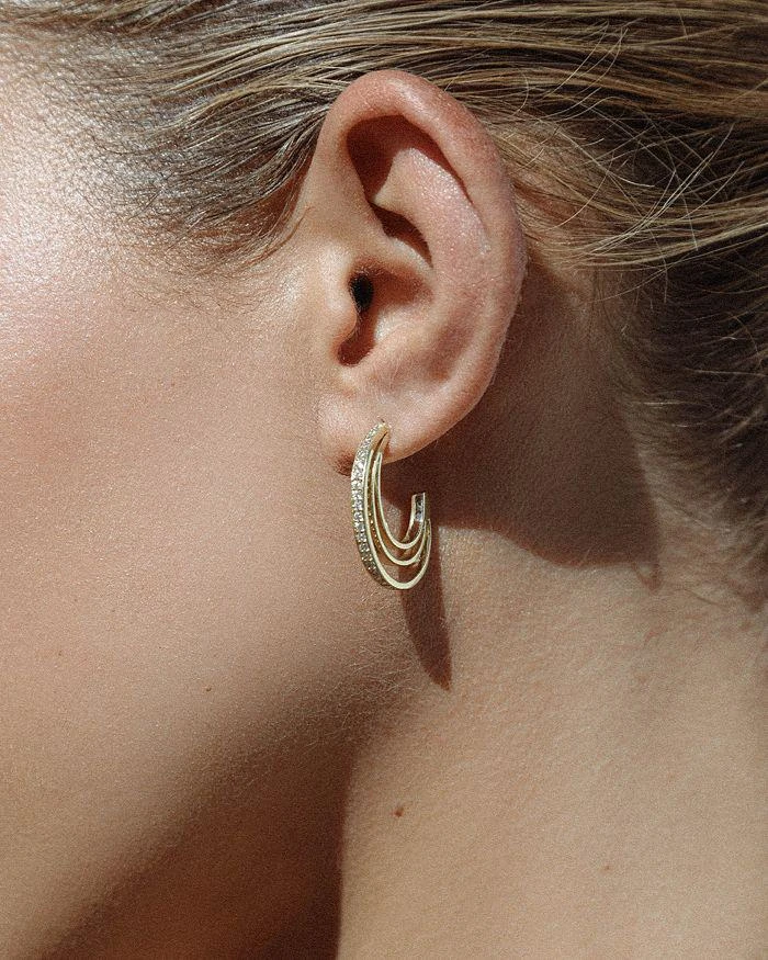 商品Shashi|Tristate Pavé Triple Row Hoop Earrings in 14K Gold Plated Sterling Silver  ,价格¥581,第2张图片详细描述