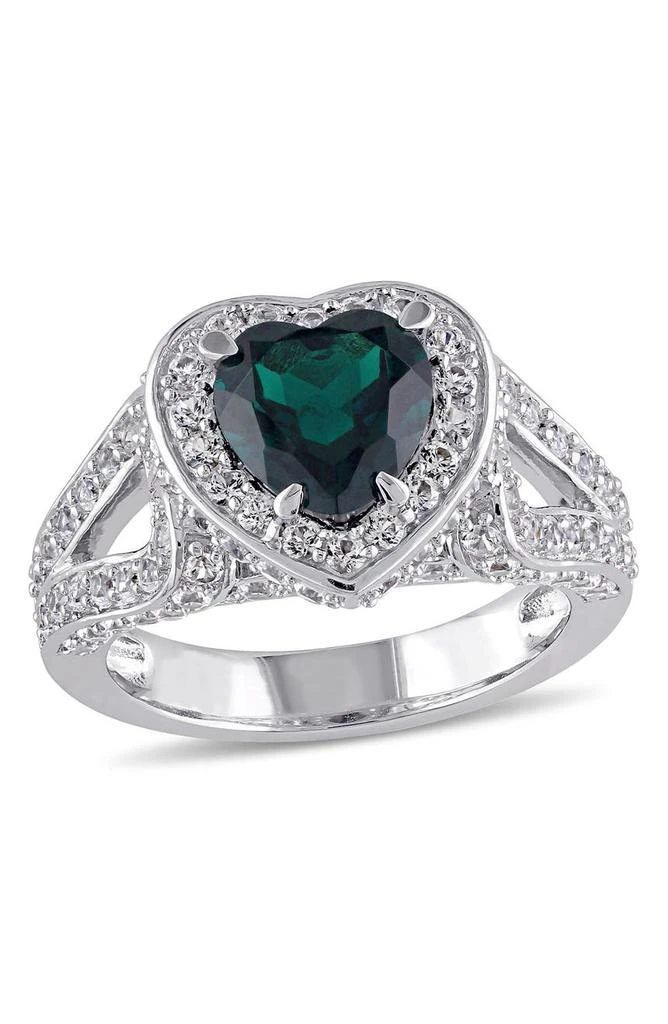 商品DELMAR|Sterling Silver Created Emerald & Created White Sapphire Heart Halo Ring,价格¥1312,第1张图片