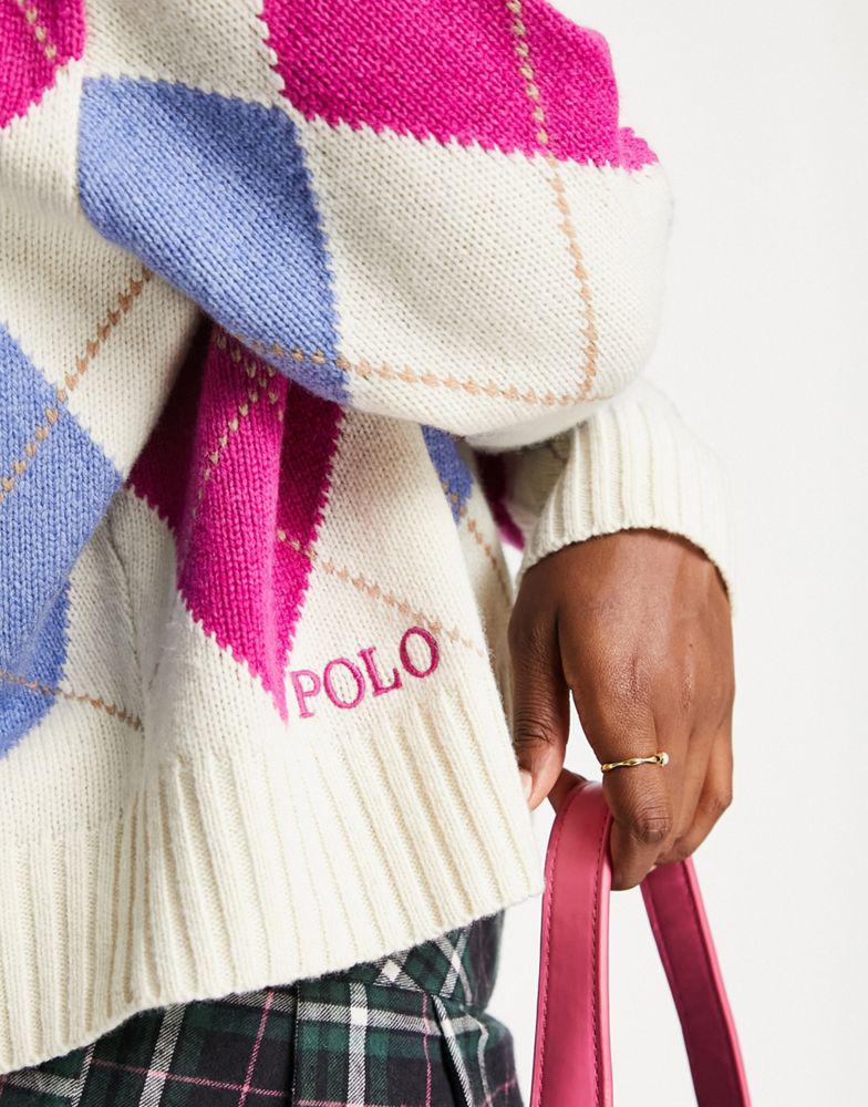 Polo Ralph Lauren x ASOS exclusive collab wool cropped boxy v-neck jumer in cream argyle print商品第3张图片规格展示