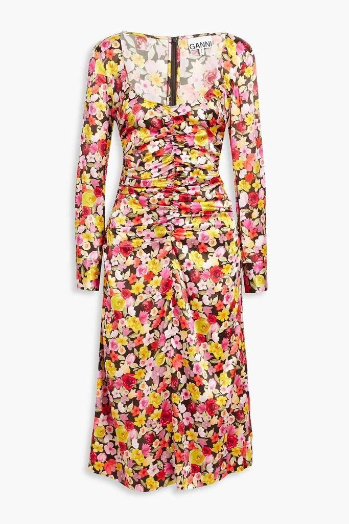 商品Ganni|Ruched floral-print silk-blend satin midi dress,价格¥720,第1张图片