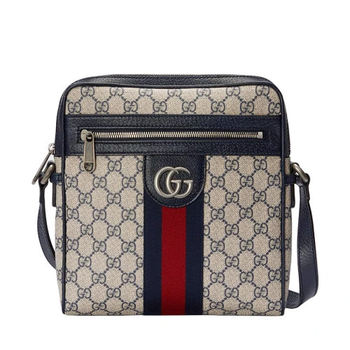商品Gucci|Gucci/古驰 22春夏新款Ophidia系列 男士小号米色/蓝色提花帆布红蓝织带银色徽标老花单肩斜挎邮差包 54792696IWN4076,价格¥10063,第1张图片