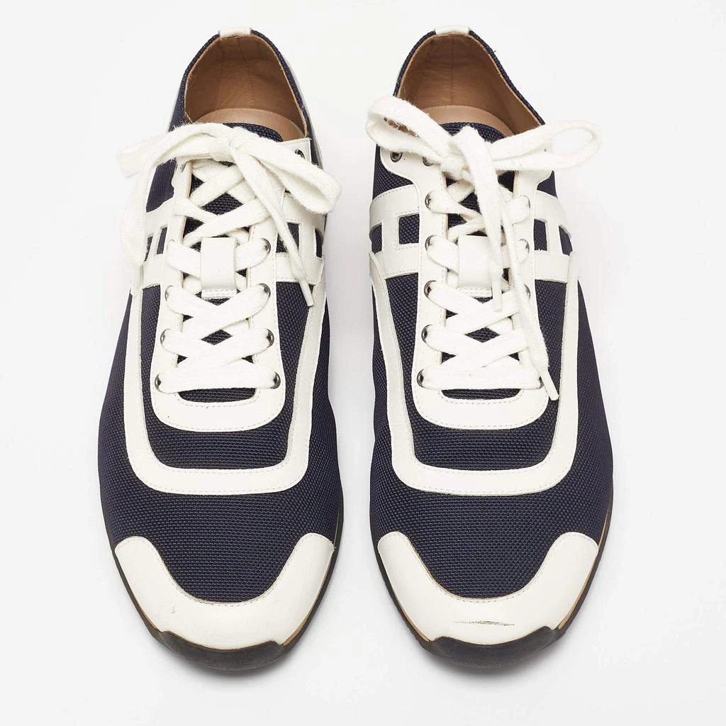 商品[二手商品] Hermes|Hermes Navy Blue/White Leather And Canvas Tie Break Low Top Sneakers Size 41 ,价格¥2529,第3张图片详细描述