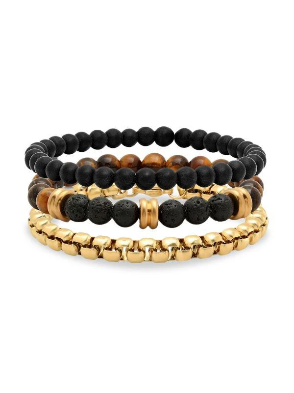 商品Anthony Jacobs|3-Piece 18K Goldplated Box Link, Tiger Eye & Black Lava Beaded Bracelet,价格¥667,第1张图片