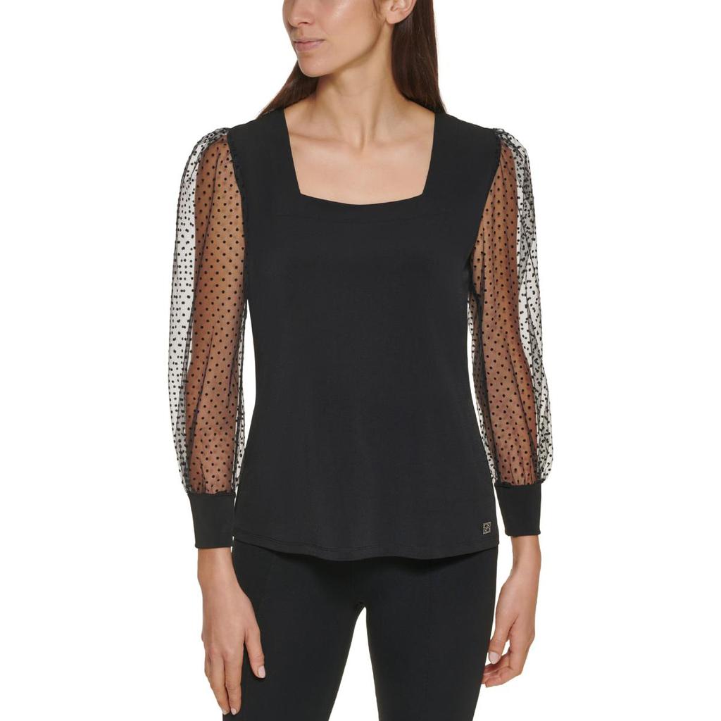 Calvin Klein Womens Sheer Sleeves Square Neck Pullover Top商品第2张图片规格展示