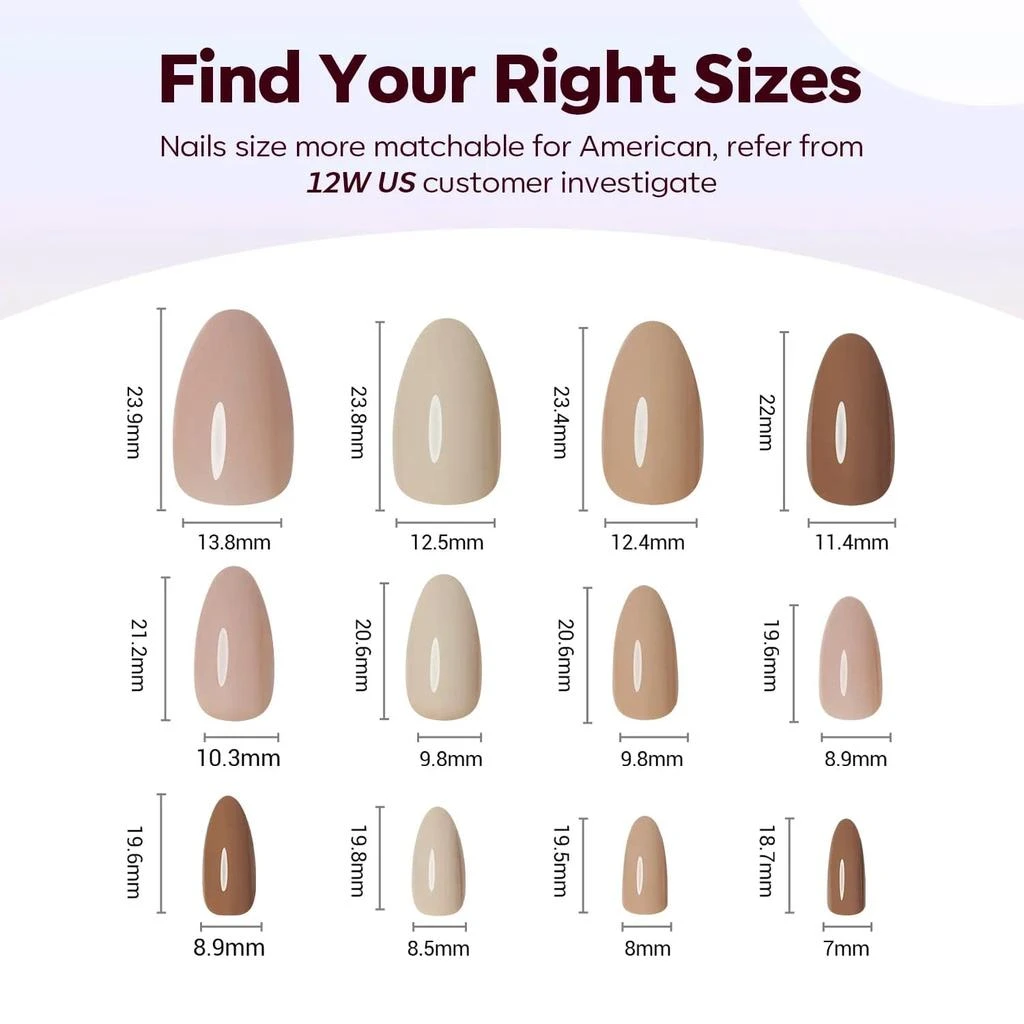 Cocoa Milk - 24 Fake Nails 12 Sizes Short Almond Press on Nails Kit 商品