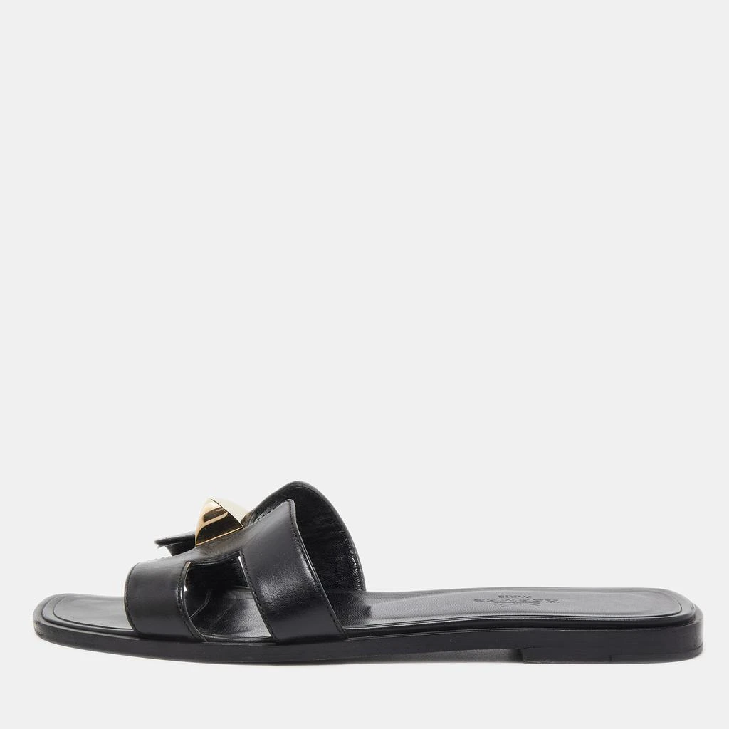 商品[二手商品] Hermes|Hermes Black Leather One Stud Oran Flat Slides Size 36.5,价格¥3355,第1张图片