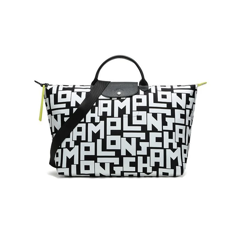 商品[国内直发] Longchamp|女包LONGCHAMP 珑骧 女士字母图案织物大号手提单肩包旅行袋 1624 413 067 黑色白色,价格¥1342,第1张图片