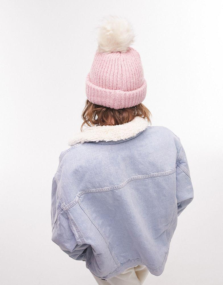 商品Topshop|Topshop knitted fur pom pom beanie in dusky pink,价格¥124,第4张图片详细描述