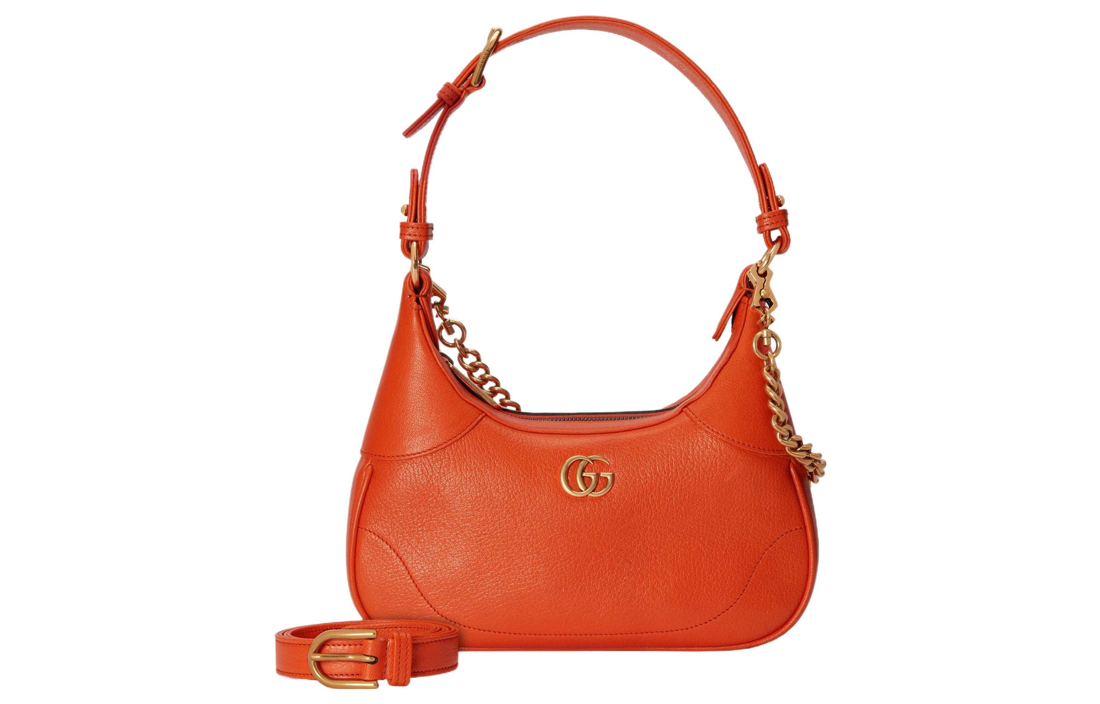 商品[国内直发] Gucci|古驰 Aphrodite 金标Logo拉链开合纯色 皮革 新月腋下包手提单肩包 小号 女款 橙色,价格¥13136,第3张图片详细描述