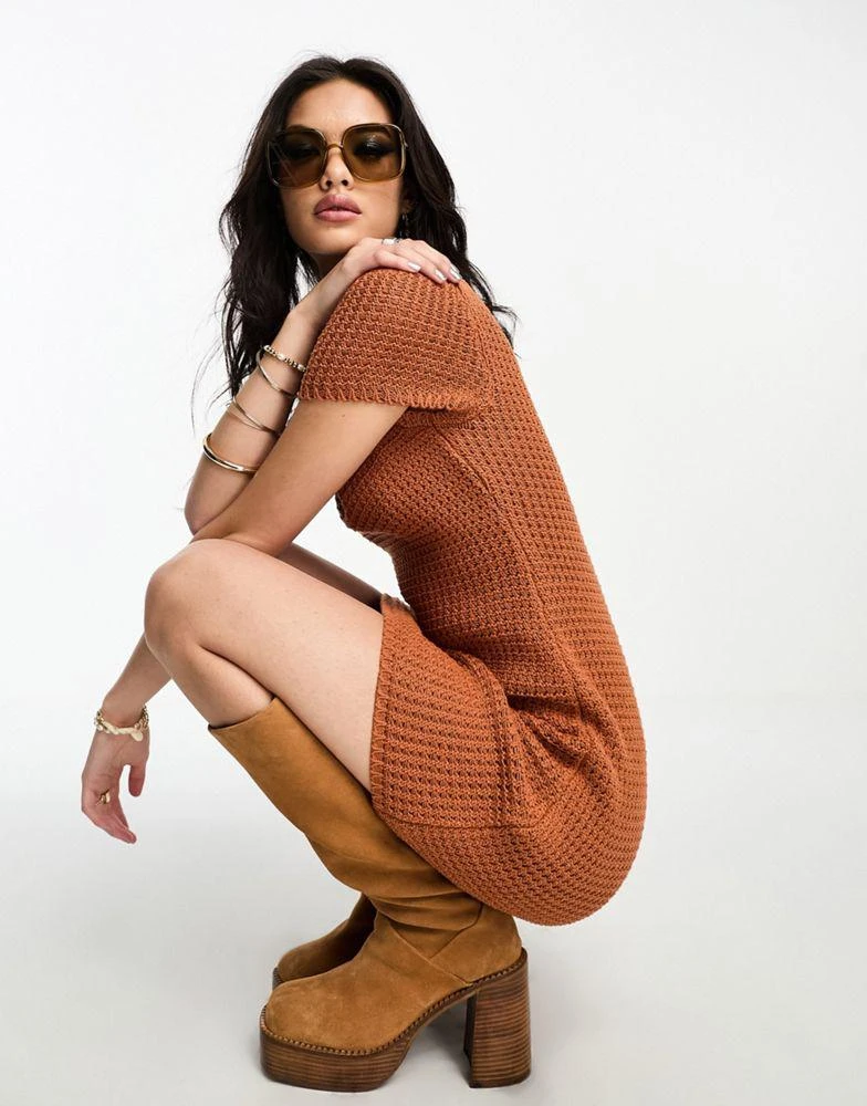 商品ASOS|ASOS DESIGN crochet mini dress with square neck in brown,价格¥57,第4张图片详细描述