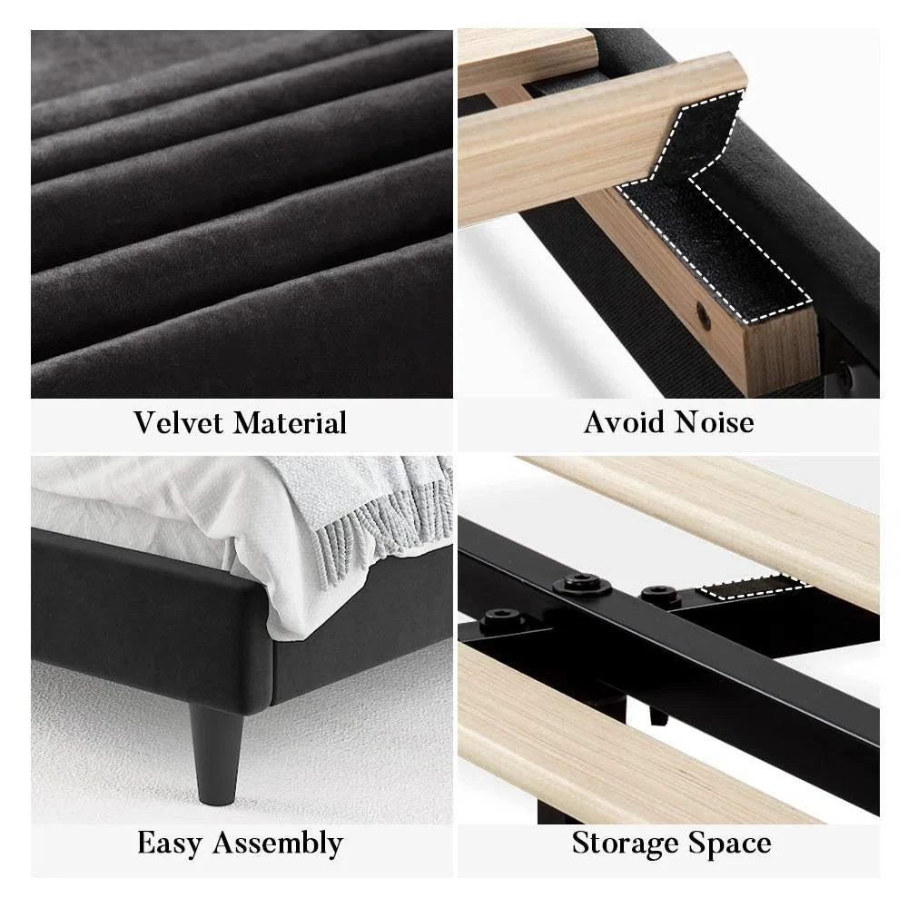 商品QuikFurn|King size Modern Black Velvet Upholstered Platform Bed with Headboard,价格¥5303,第4张图片详细描述