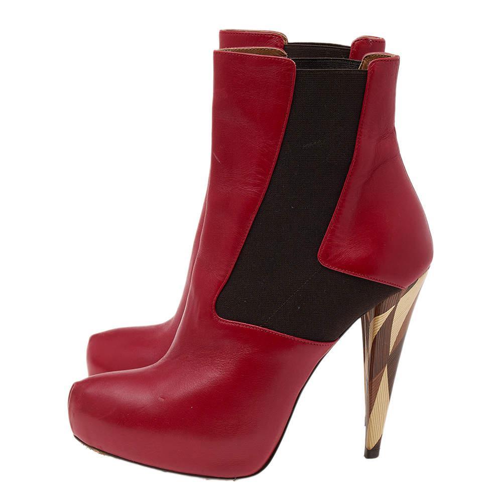 商品[二手商品] Fendi|Fendi Red/Brown Leather And Stretch Fabric Platform Ankle Boots Size 37.5,价格¥1395,第6张图片详细描述