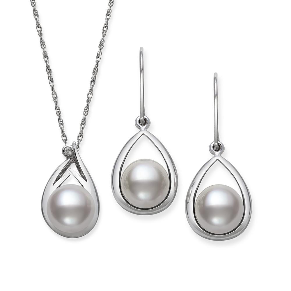 Cultured Freshwater Pearl (8-10 mm) and Diamond Accent Earring and Pendant Set in Sterling Silver商品第2张图片规格展示