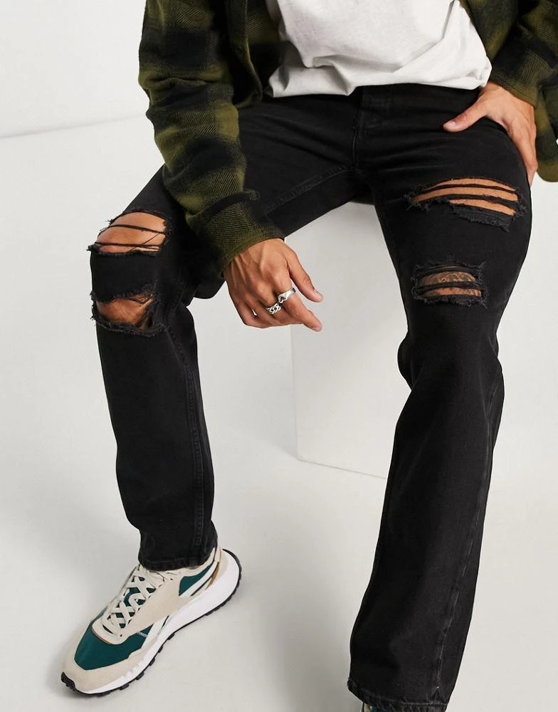 商品Jack & Jones|Jack & Jones Intelligence Mike straight jeans with rips in black,价格¥255,第4张图片详细描述