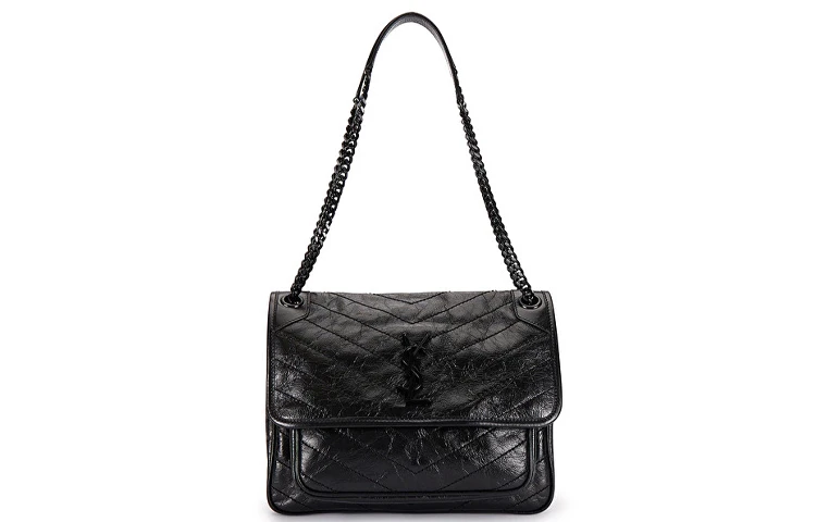 商品[国内直发] Yves Saint Laurent|圣罗兰 YSL Niki 黑链黑标Logo复古褶皱 牛皮革 流浪包斜挎单肩包 中号 女款 黑色,价格¥20634,第1张图片