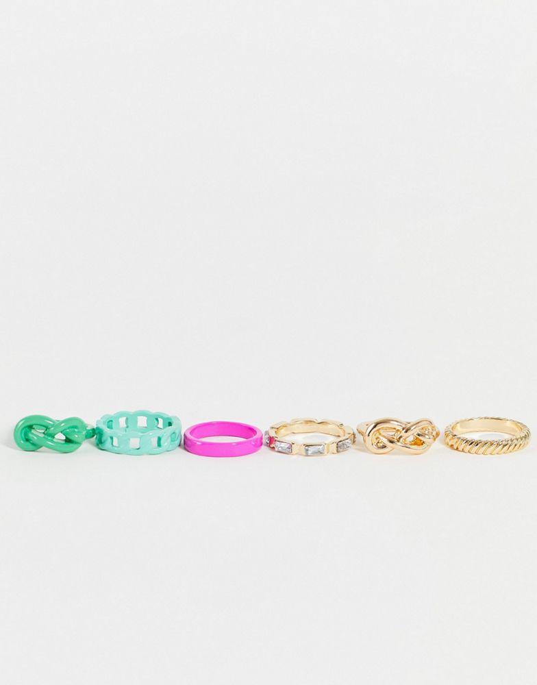 ASOS DESIGN pack of 6 rings in mixed colour enamel and gold tone商品第4张图片规格展示