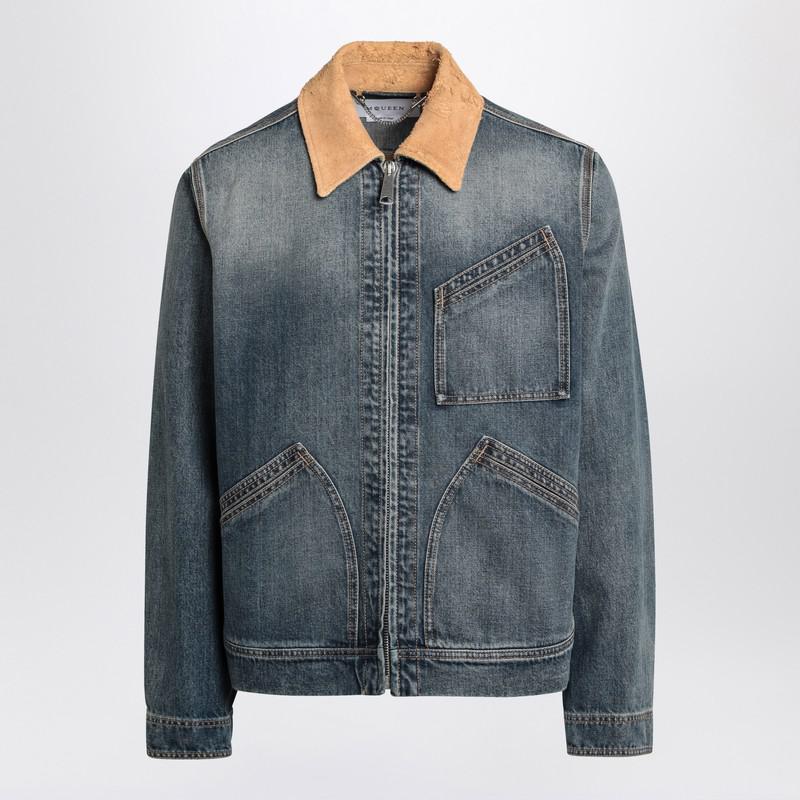 Shop Alexander McQueen Denim Jacket With Suede Collar on Sale at