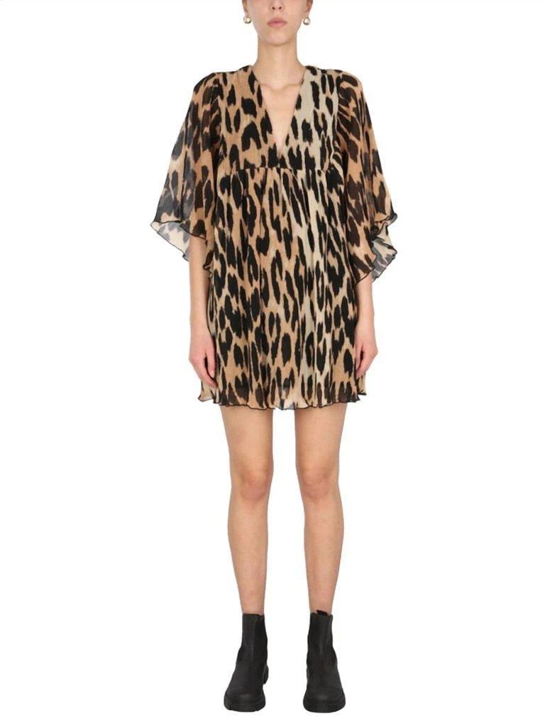 商品Ganni|Pleated Georgette Oversized Mini Dress In Maxi Leopard,价格¥1068,第1张图片