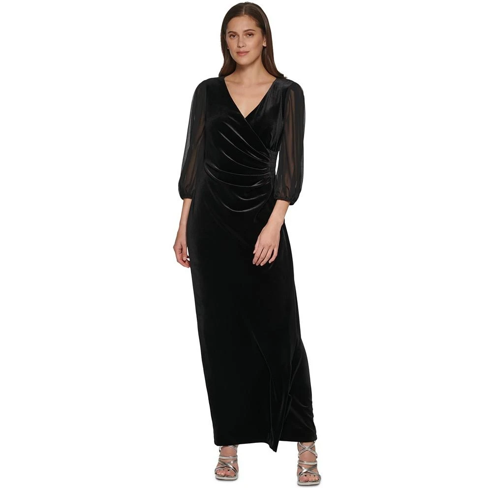 商品DKNY|Women's Side-Ruched Chiffon-Sleeve Velvet Gown,价格¥597,第1张图片
