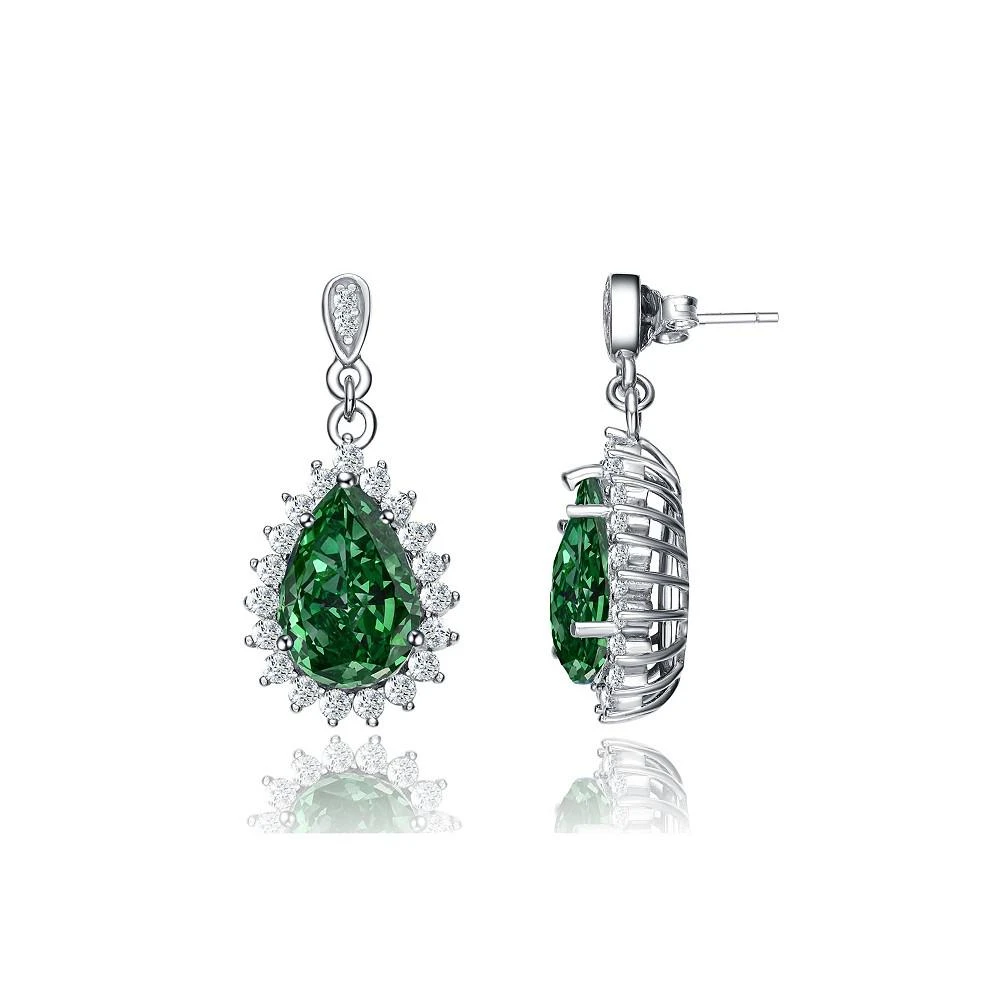 商品Genevive|Sterling Silver White Gold Plated Cubic Zirconia Oval Solitaire with Halo Burst Earrings,价格¥536,第1张图片