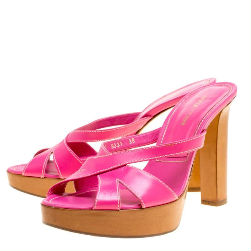 商品[二手商品] Sergio Rossi|Sergio Rossi Pink Leather Peep Toe Platform Slides Size 38,价格¥1553,第4张图片详细描述