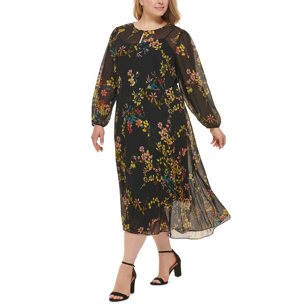 Plus Size Zelda Floral-Print Long-Sleeve Midi Dress商品第3张图片规格展示