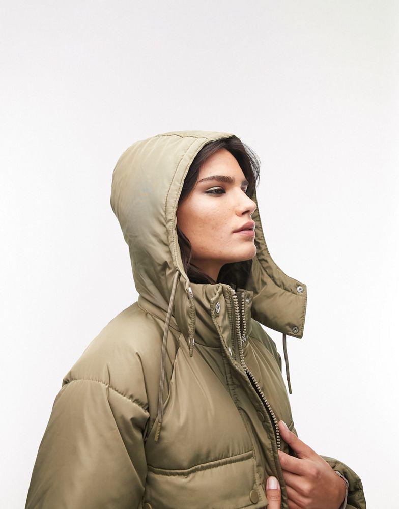 Topshop cropped hooded puffer jacket in khaki商品第3张图片规格展示
