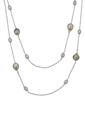 商品BELPEARL|Sterling Silver, Cultured Grey Tahitian Pearl & Cubic Zirconia Necklace,价格¥1094,第1张图片