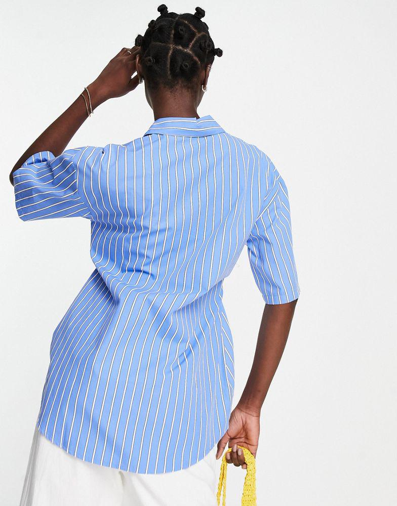 Topshop tie waist short sleeve stripe poplin shirt in blue商品第2张图片规格展示