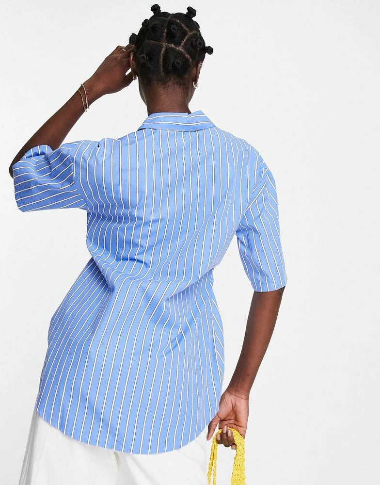 商品Topshop|Topshop tie waist short sleeve stripe poplin shirt in blue,价格¥161,第2张图片详细描述