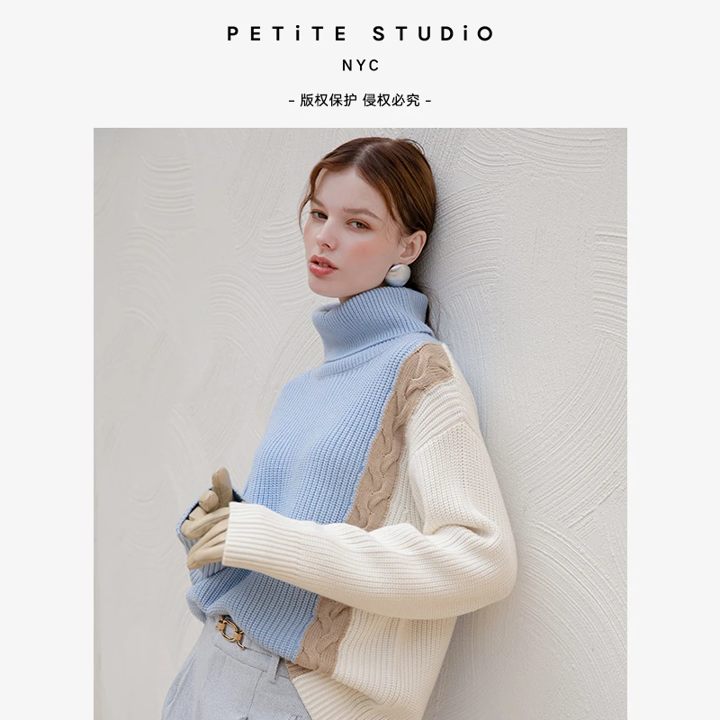 商品[国内直发] Petite Studio NYC|Hudson蓝白拼接慵懒复古高领羊毛毛衣 | Hudson Wool Sweater - Blue & Ivory,价格¥474,第1张图片