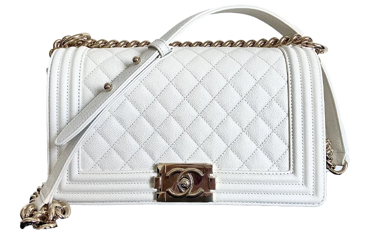 商品[国内直发] Chanel|香奈儿 LEBOY 金扣菱格纹链条颗粒压花 小牛皮 单肩斜挎包 中号 女款 白色,价格¥54451,第1张图片