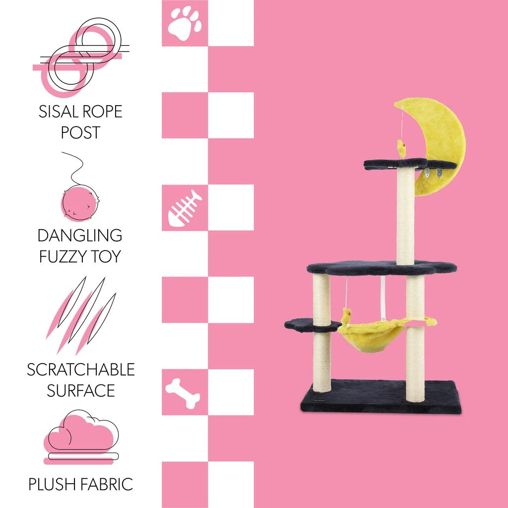 Aurora 49" 3-Tier Modern Sisal Moon And Stars Cat Tree with Scratching Posts, Basket, and Fuzzy Bell Toys, Navy/Yellow/White 商品