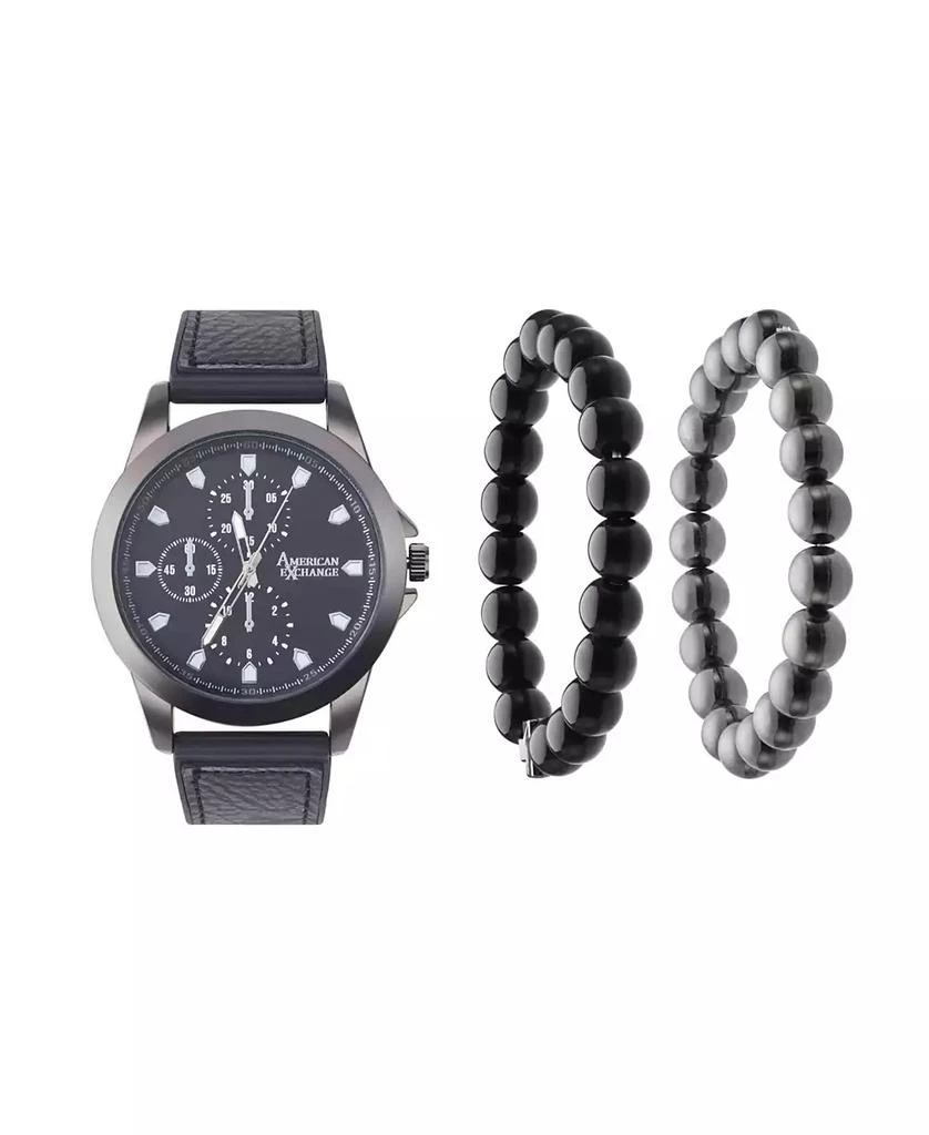 商品American Exchange|Men's Quartz Movement Black Leather Analog Watch, 47mm and Stackable Bracelet Set with Zippered Pouch,价格¥150,第1张图片