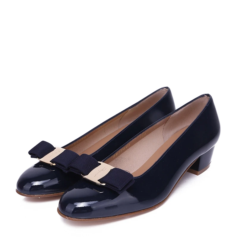 Salvatore Ferragamo 菲拉格慕 女士深蓝色牛皮蝴蝶结粗跟低跟鞋 0531284-NP-C-O-BL 商品