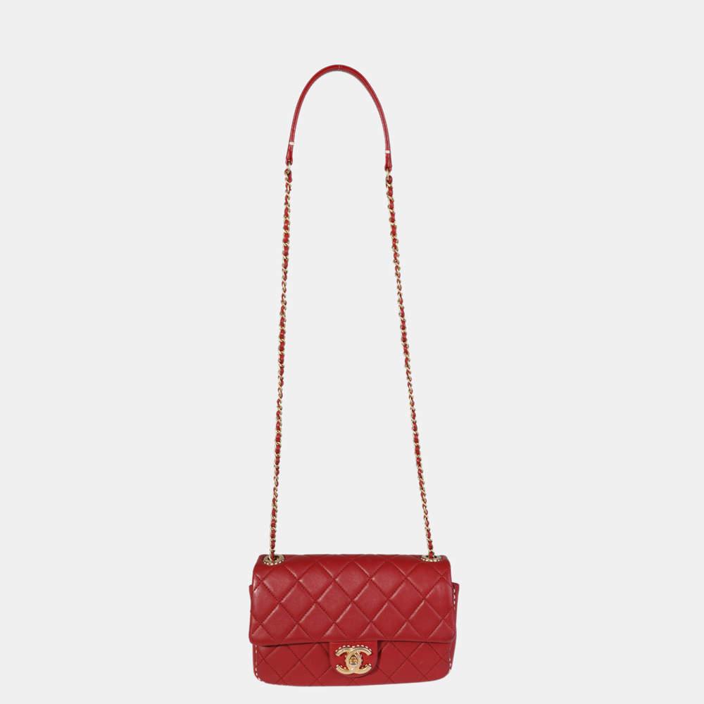 Chanel Red Quilted Lambskin Leather Small Stitched Single Flap Shoulder Bag商品第6张图片规格展示