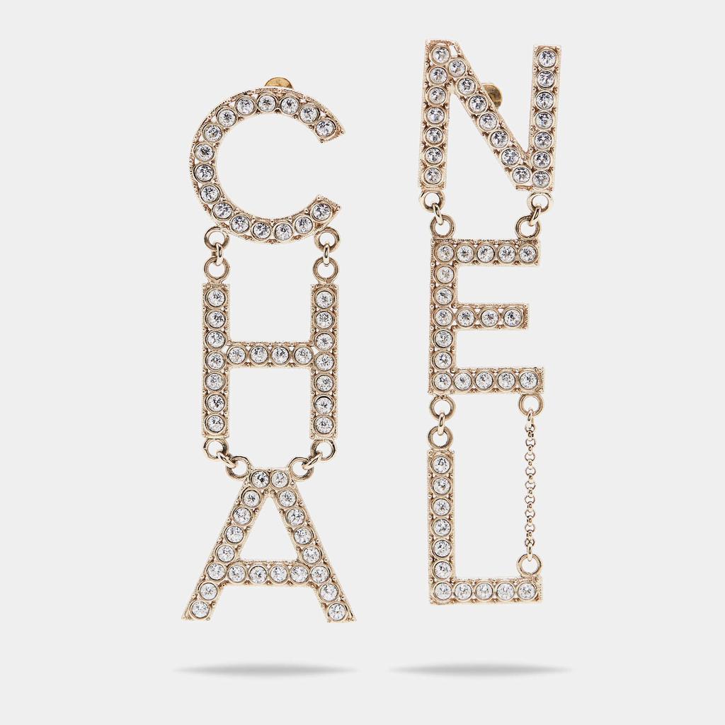 商品[二手商品] Chanel|Chanel Pale Gold Tone Crystal Studded Logo Drop Earrings,价格¥12936,第1张图片