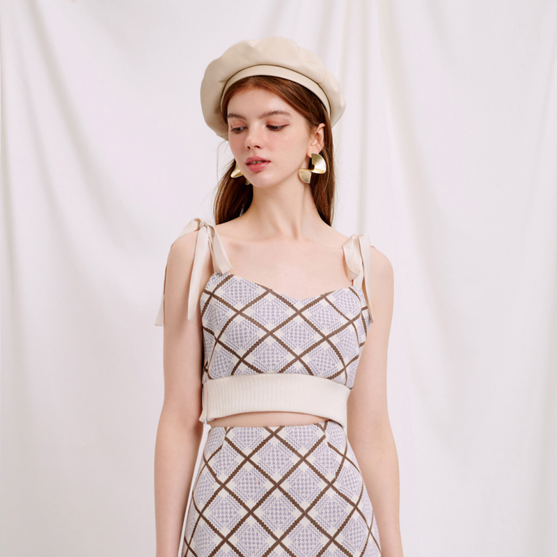 商品[国内直发] Petite Studio NYC|Eva蓝色菱形针织印花吊带上衣 | Eva Top - Blue Plaid,价格¥507,第1张图片