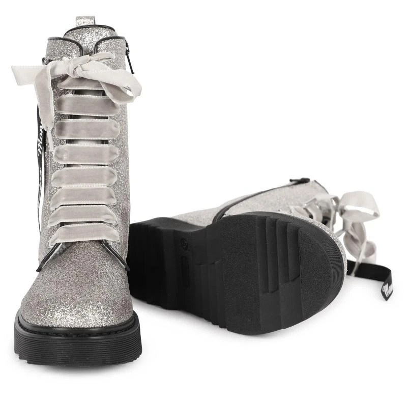 商品MONNALISA|Glittery logo boots with rich lacing in silver,价格¥2459,第2张图片详细描述