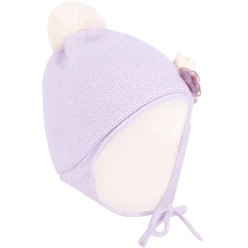 商品Jamiks|Knitted baby hat with pom pom and applique flowers in purple,价格¥361,第1张图片