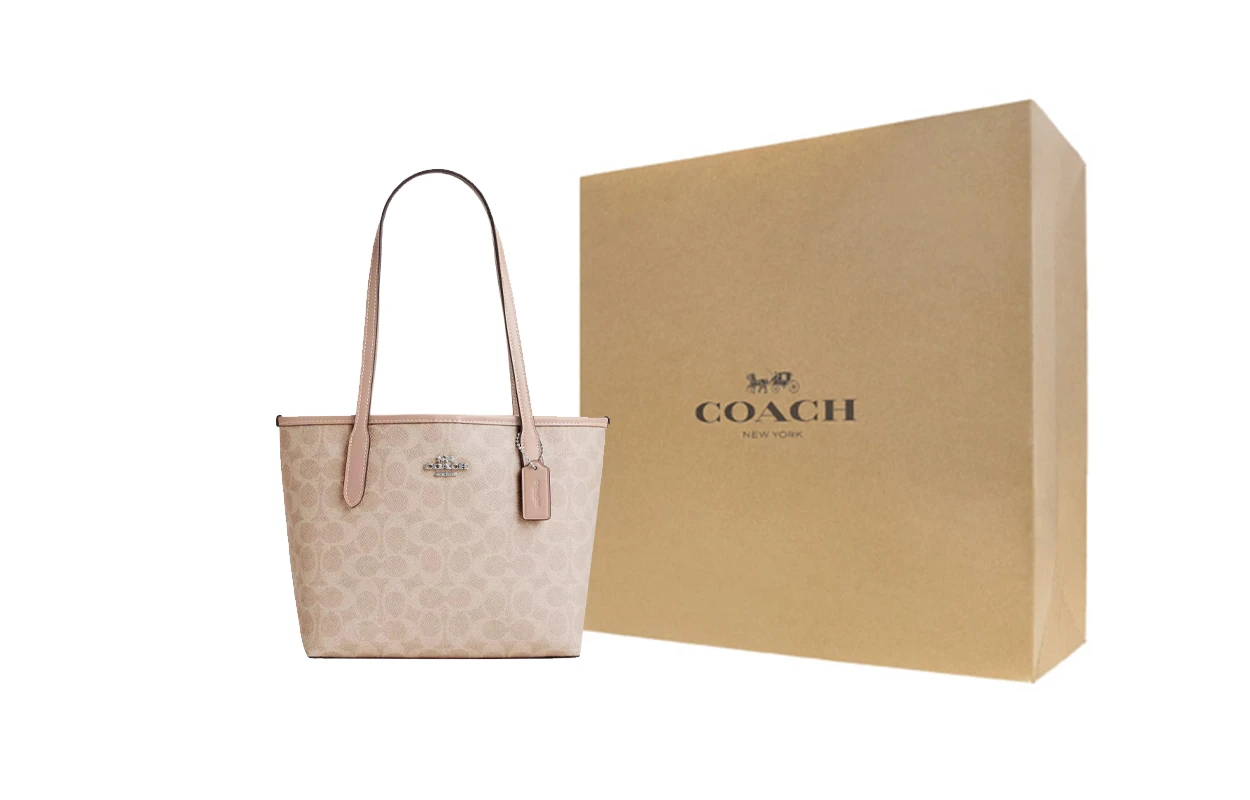 商品[国内直发] Coach|蔻驰 City 23 经典老花金属徽标 涂层帆布拼皮革 托特包Tote包购物袋单肩手提包 中号 女款 银色拼沙色,价格¥1729,第7张图片详细描述